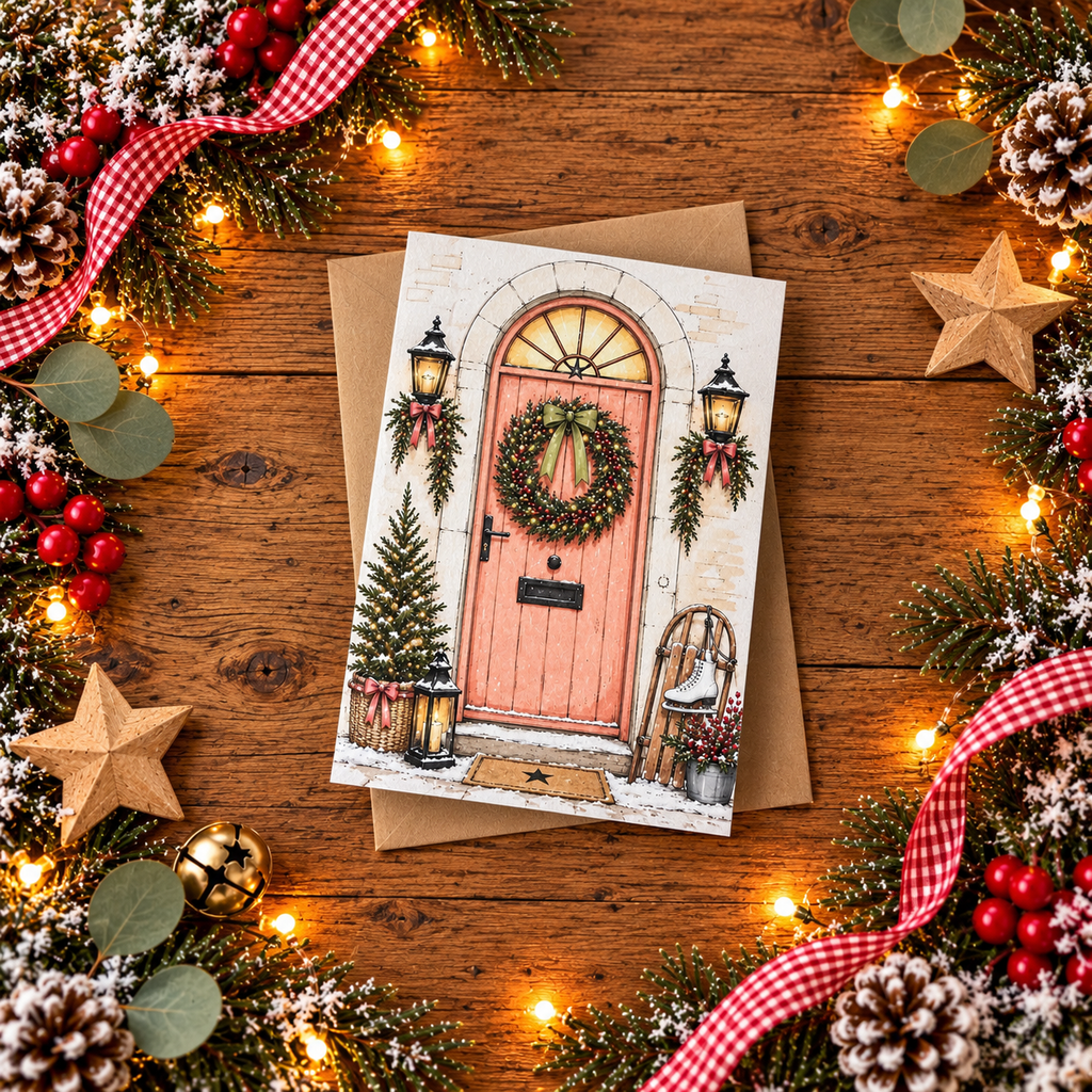 Pink Christmas Cottage Door A6 Festive Card