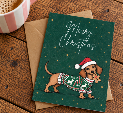 Christmas greeting card from The Pink Pheasant featuring an illustrated brown sausage dog wearing a red Santa hat and green Christmas jumper decorated with reindeer and candy canes, holding a gingerbread biscuit in its mouth. Dark green background with gold stars and white “Merry Christmas” lettering. Displayed flat with a kraft envelope on a rustic wooden table beside a pink striped mug.