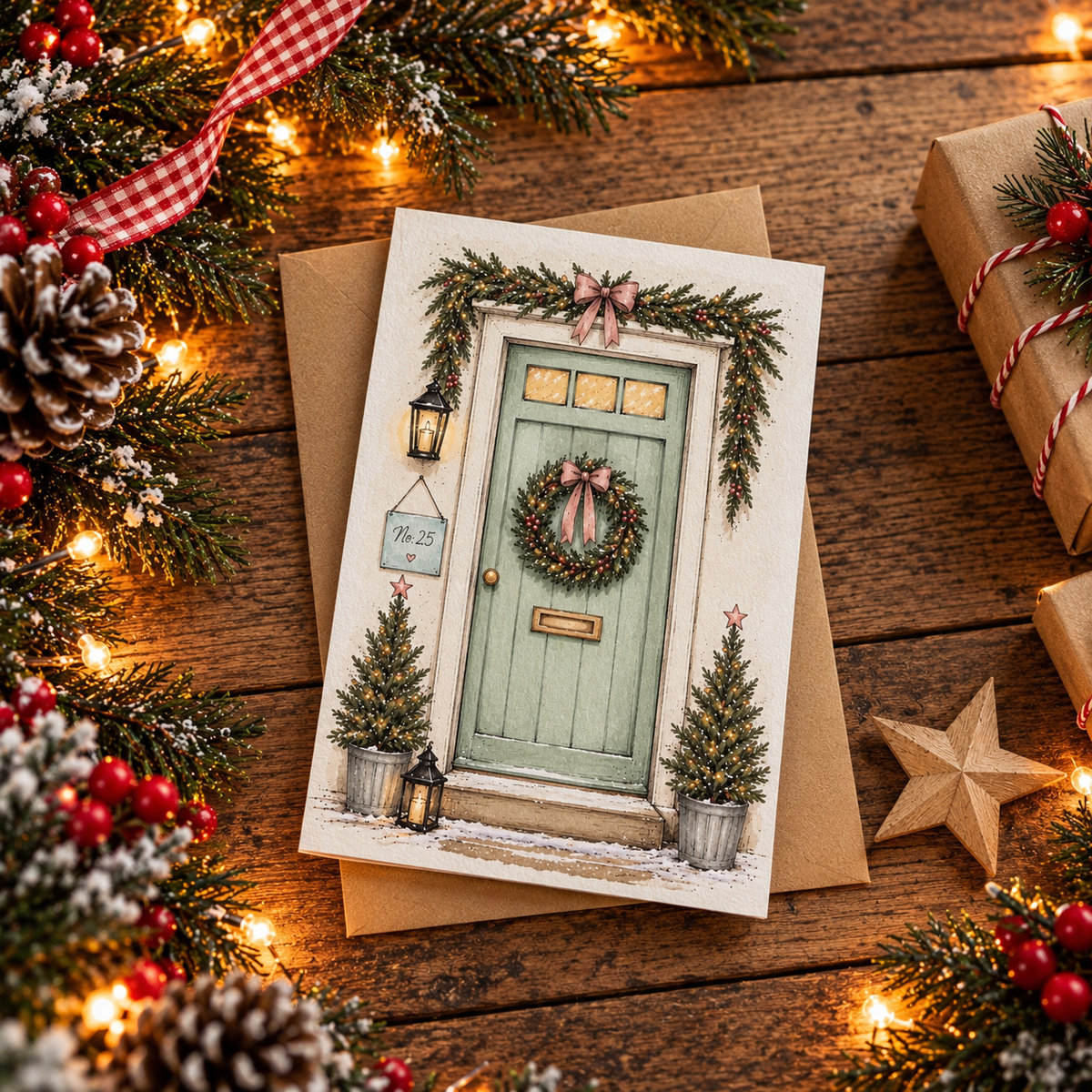 Christmas Cottage Door Greeting Card