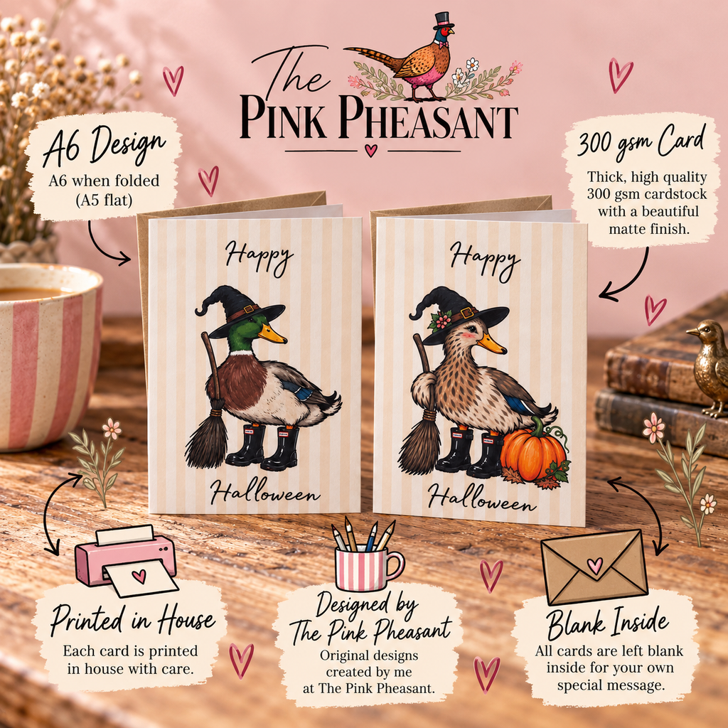 Two Halloween greeting cards displayed on a wooden surface with a pink background. The cards feature duck illustrations dressed as witches with brooms and a pumpkin, and the text 'Happy Halloween'.