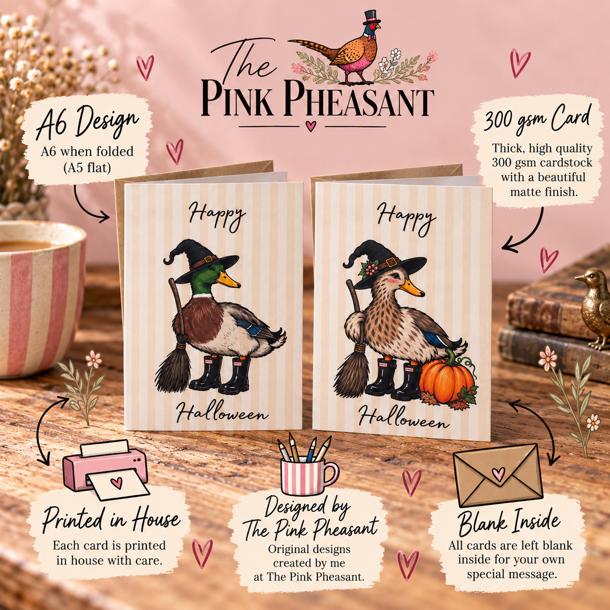 Two Halloween greeting cards displayed on a wooden surface with a pink background. The cards feature duck illustrations dressed as witches with brooms and a pumpkin, and the text 'Happy Halloween'.