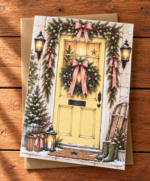 A square Christmas greeting card featuring a festive yellow front door decorated with green wreaths, pink ribbons, snow-dusted evergreen trees, lanterns, and green boots, shown on a brown kraft envelope over a wooden surface.