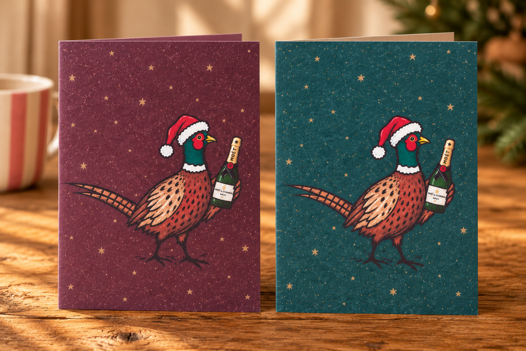 Two Christmas greeting cards displayed side by side on a wooden table. The left card has a dark burgundy background with gold stars and an illustration of a pheasant wearing a Santa hat and holding a champagne bottle.