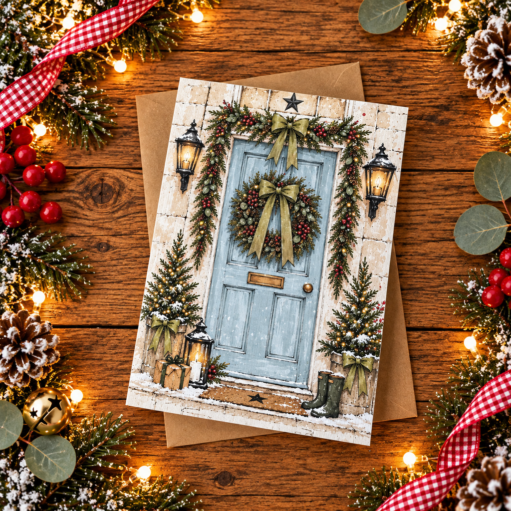 Blue Christmas Door Greeting Card | Perfectly Imperfect | A6 Christmas Card