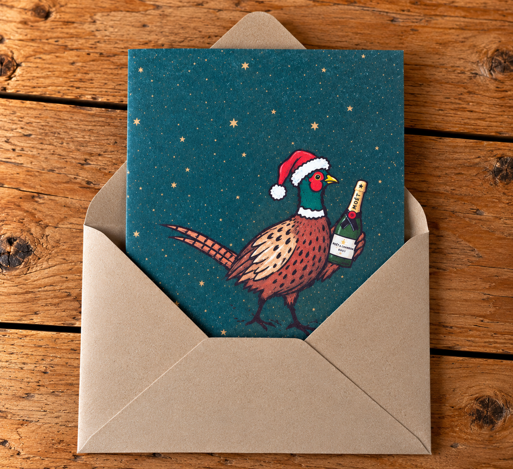 A rectangular greeting card with a kraft paper envelope, featuring an illustration of a pheasant wearing a Santa hat and holding a champagne bottle against a dark teal starry background, set on a rustic wooden surface.