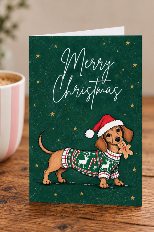A Christmas greeting card featuring a dachshund wearing a festive sweater and Santa hat on a dark green starry background with the words 'Merry Christmas' in white script. The card is standing on a wooden table next to a pink and white mug.