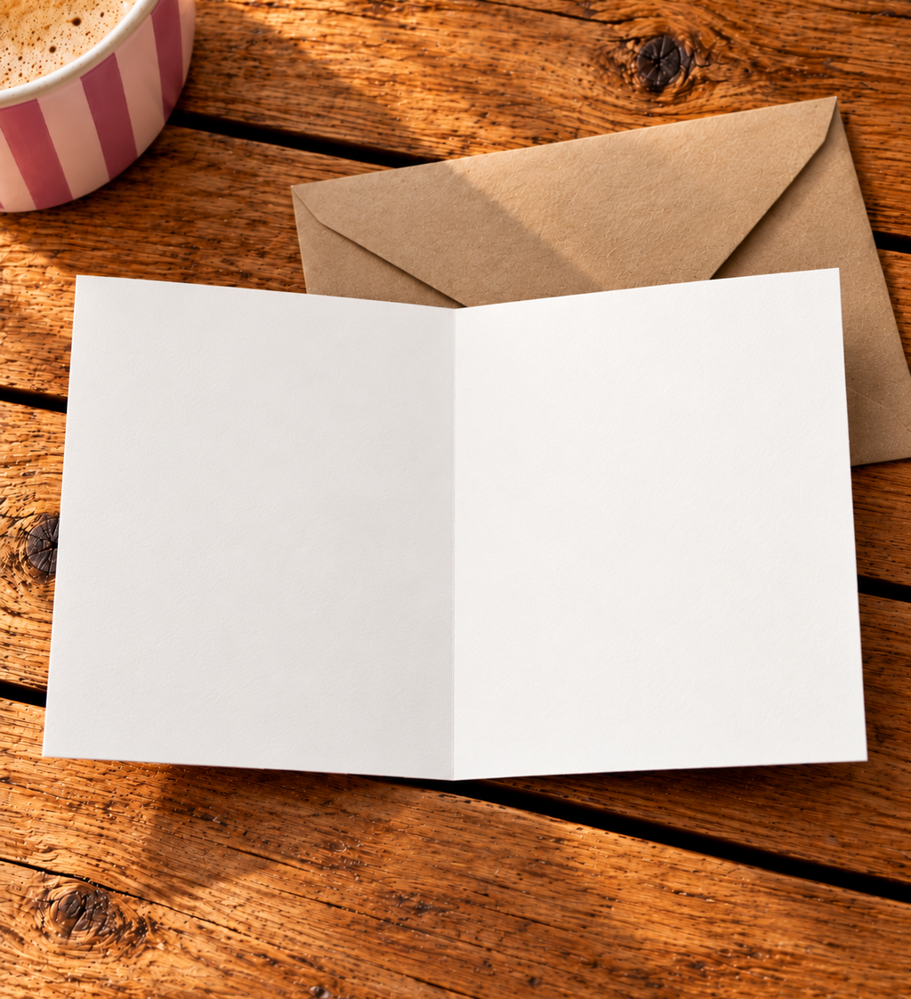An open blank white folded card or invitation placed on a rustic wooden table, with a brown envelope behind it and part of a pink-and-white striped mug visible in the upper left.