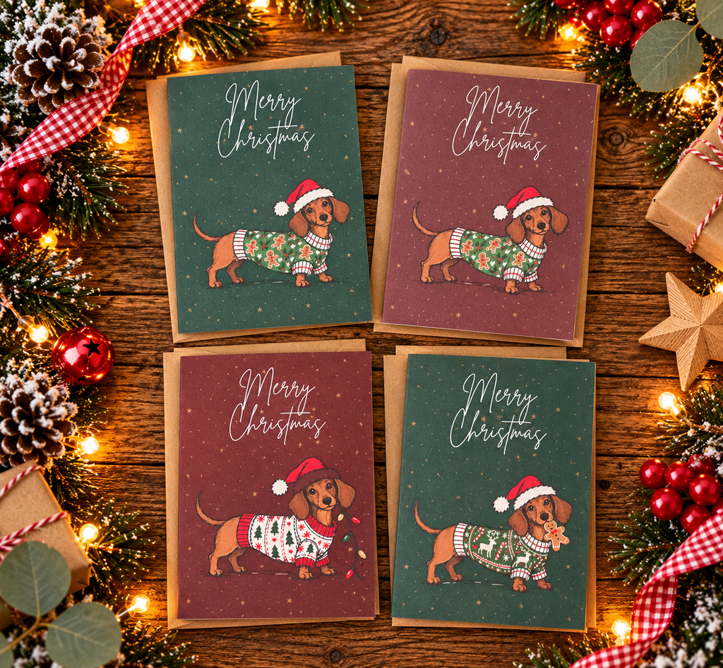 Sausage Dog Christmas Cards Pack of 4