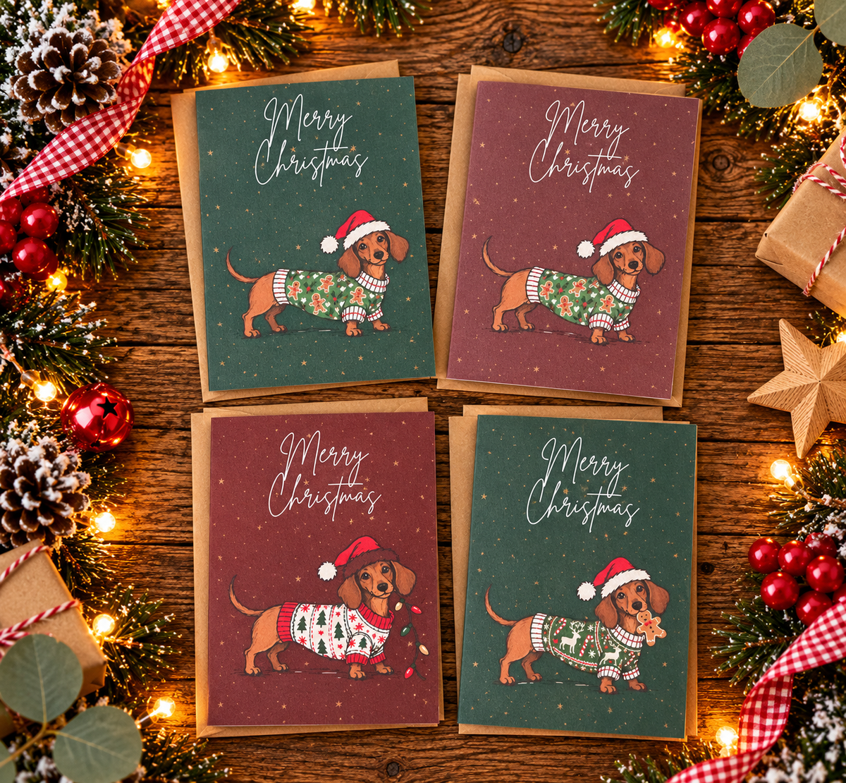 Sausage Dog Christmas Cards Pack of 4