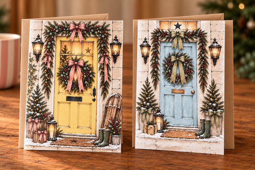 Two Christmas greeting cards displayed on a wooden table. One card features a yellow front door decorated with a green wreath and pink bow, and the other features a blue front door decorated with a green wreath and beige bow.