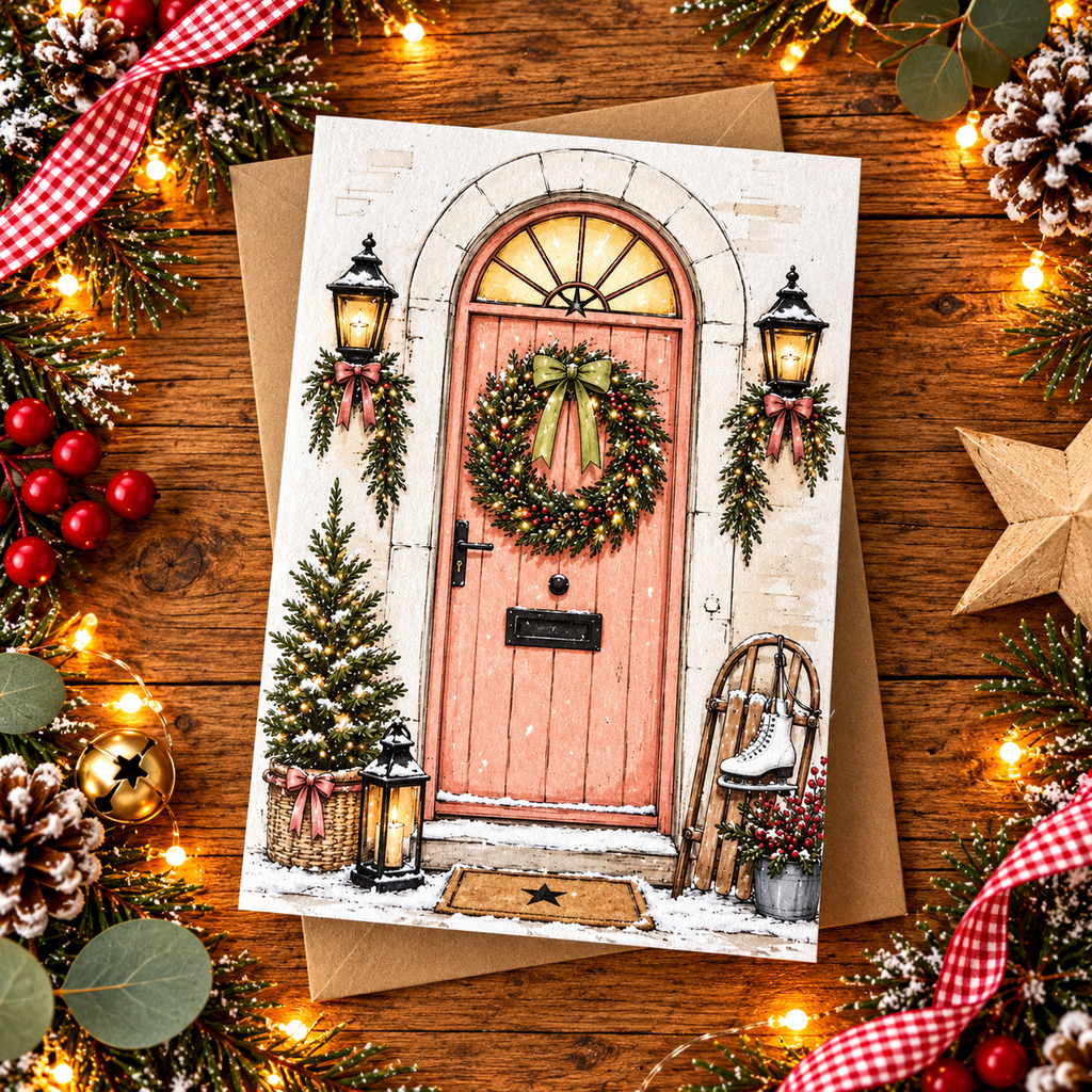 Imperfect Christmas Card | Pink Country Cottage Door | A6 Greeting Card