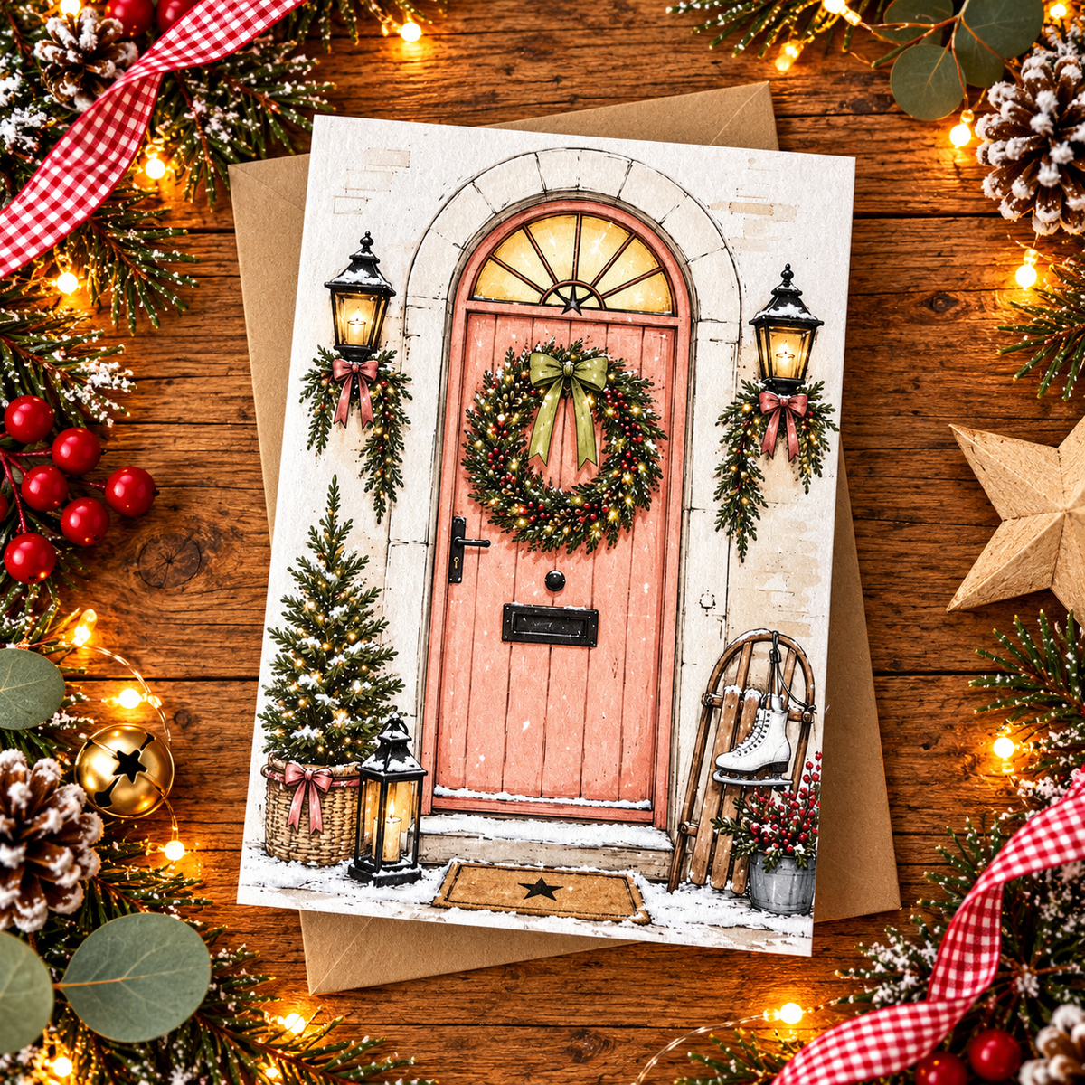 Pink Christmas Cottage Door A6 Festive Card